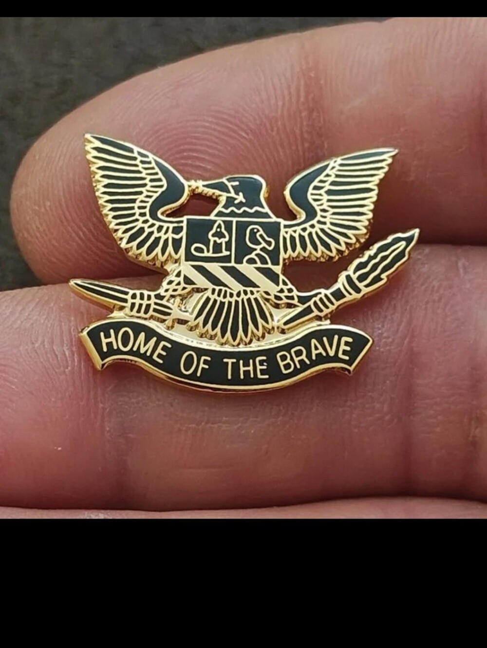 80s Patriotic Bald Eagle Heraldic Shield Home of the Brave Gold Tone Enamel Pin.